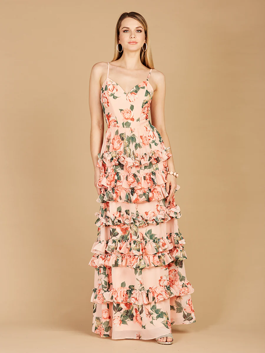 Ruffle Skirt Printed Gown with Spaghetti Straps - OUTLET - Image 5