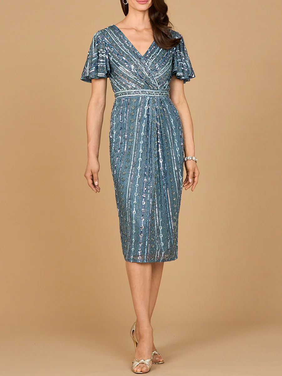 Beaded Midi Dress with Flutter Sleeves