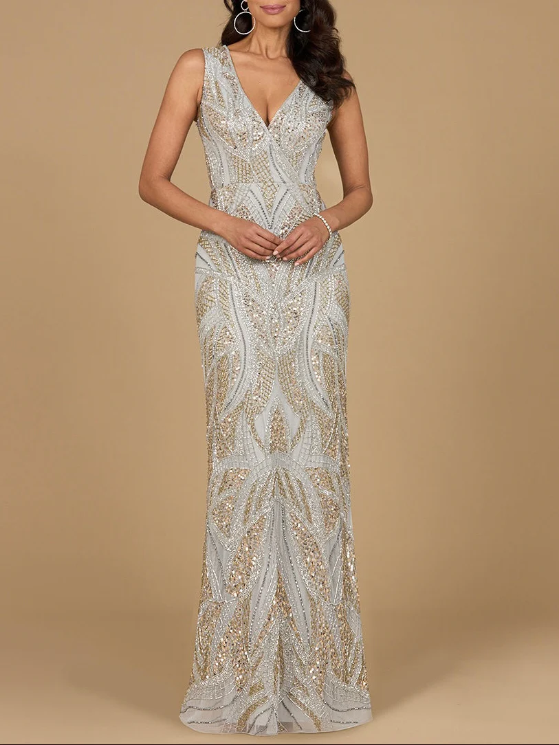 Beaded V-Neck Gown  - OUTLET
