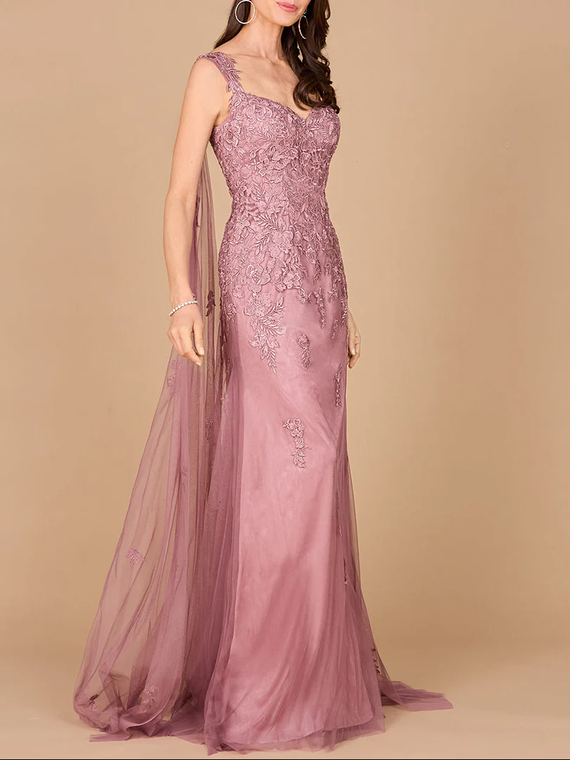 Embroidered Lace Gown with Flowing Capes