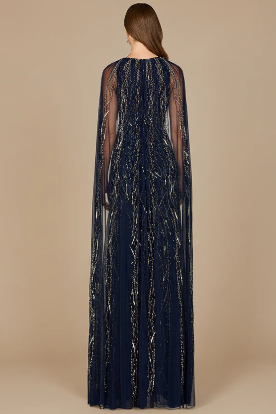 Elegant Beaded Dress with Long Cape - Image 2