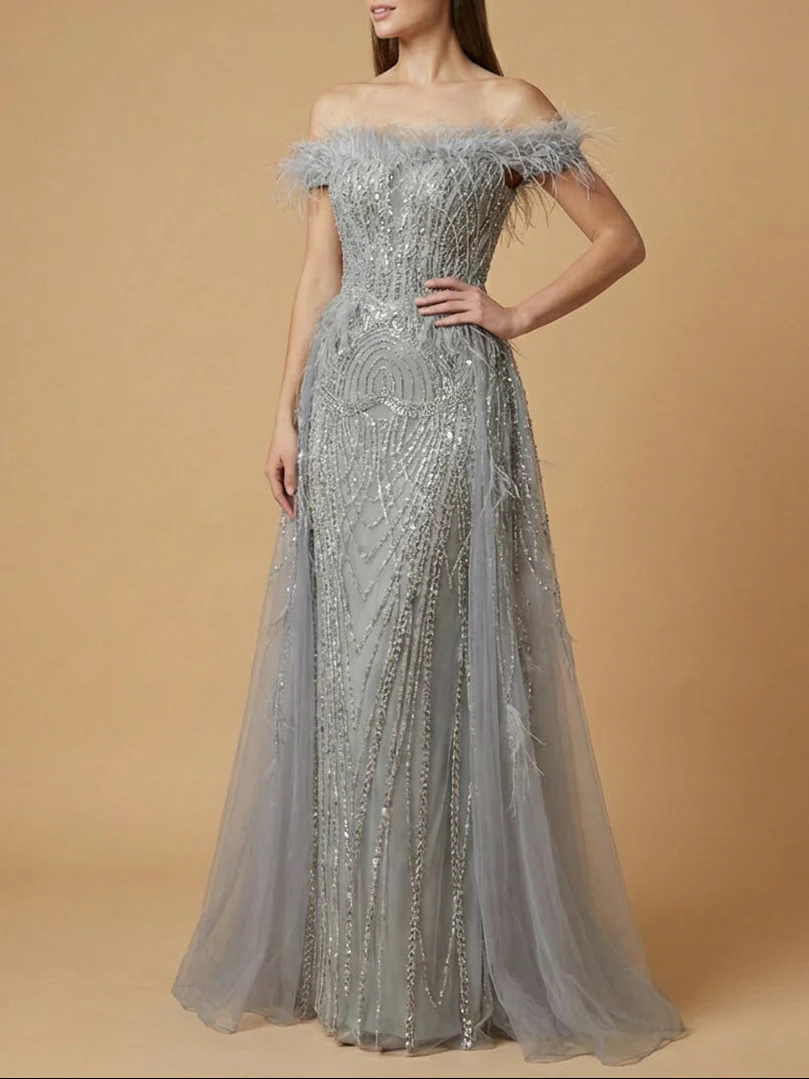 Off Shoulder Gown with Feathers - Image 2
