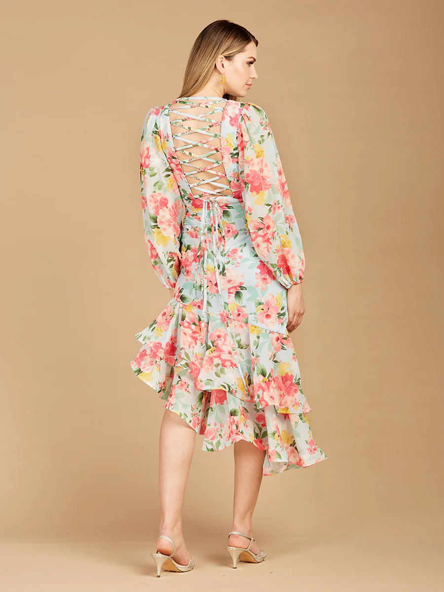 High Neck, Lace Up, Long Sleeve Printed Midi Dress - OUTLET - Image 3