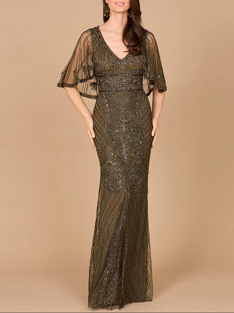 Cape Sleeve V-Neck Beaded Gown - Image 2