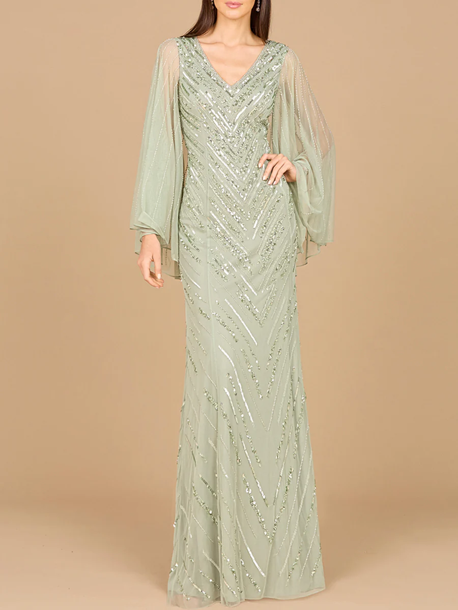 Long Cape Sleeves Beaded Dress - OUTLET