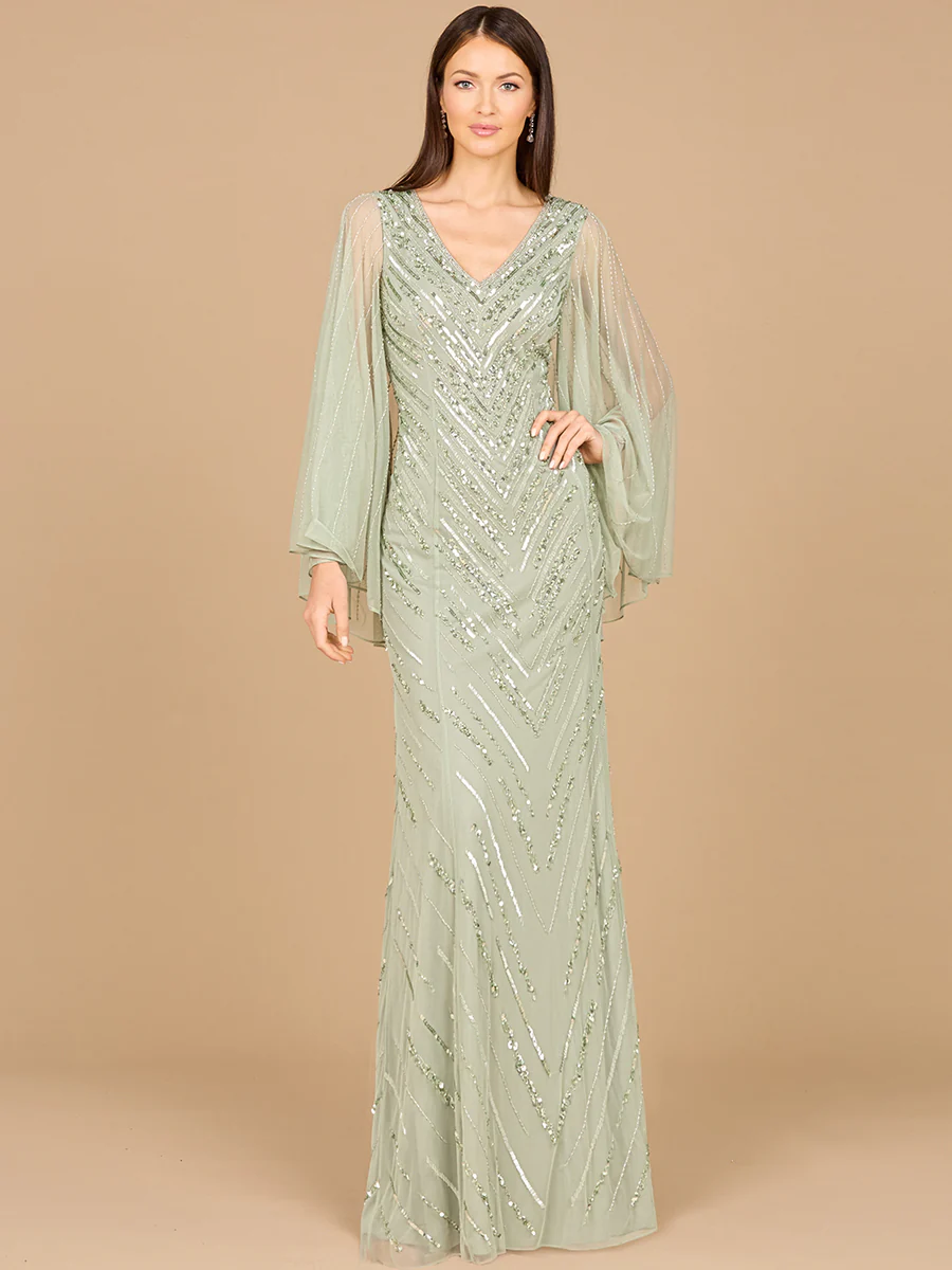 Long Cape Sleeves Beaded Dress - OUTLET - Image 2