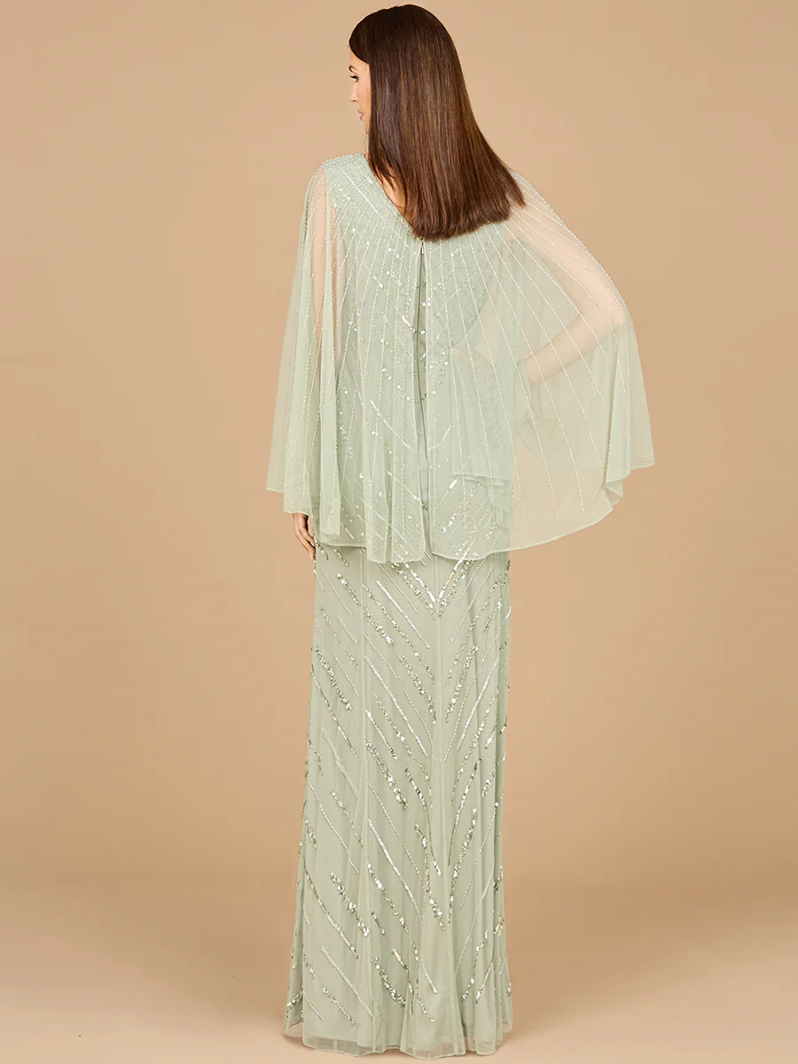 Long Cape Sleeves Beaded Dress - OUTLET - Image 3