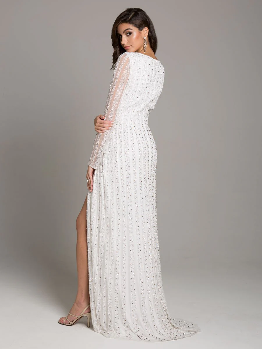 Lara Blair Long-Sleeve Beaded Surplice Sheath Gown - Image 3