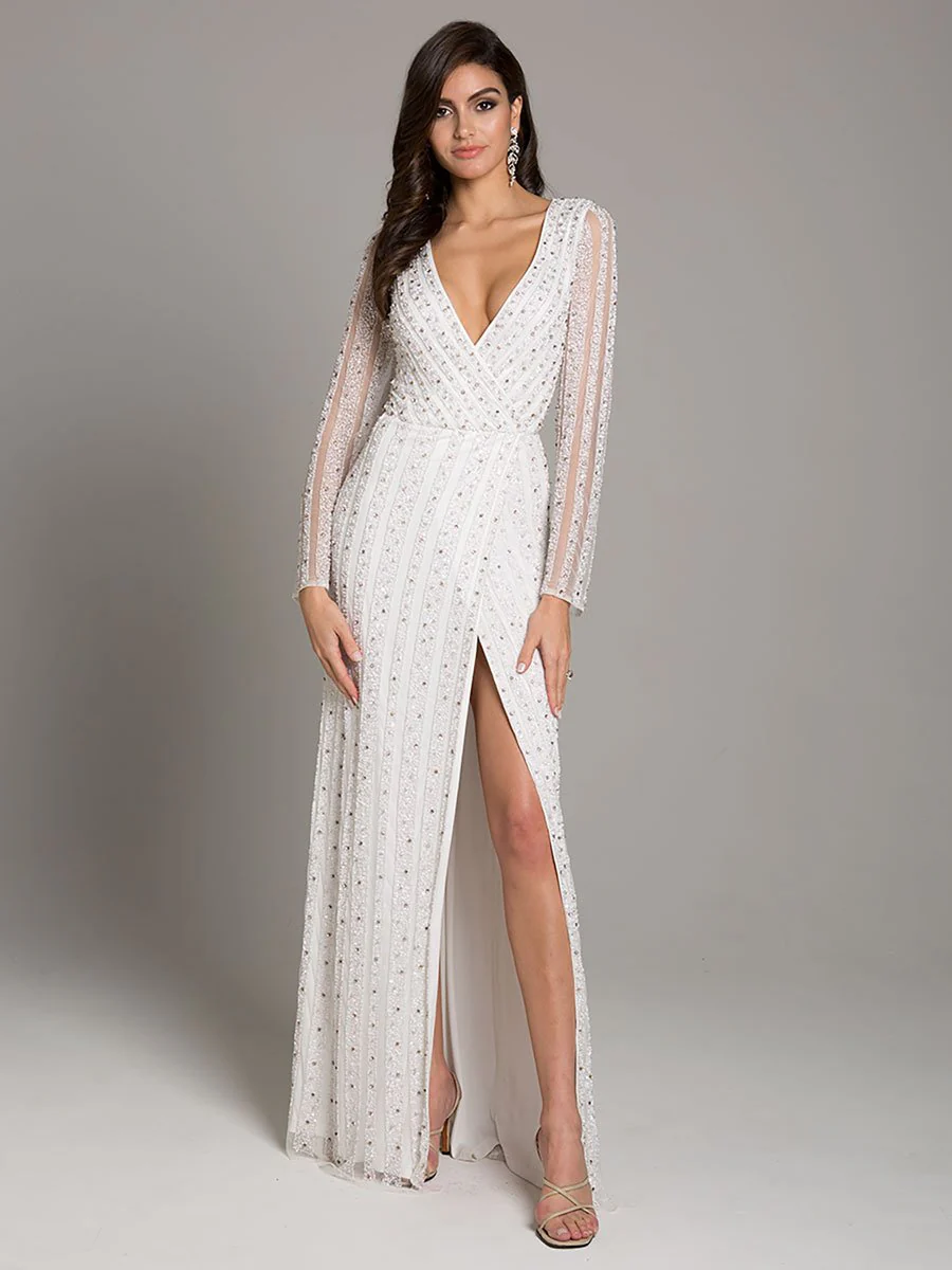 Lara Blair Long-Sleeve Beaded Surplice Sheath Gown - Image 4