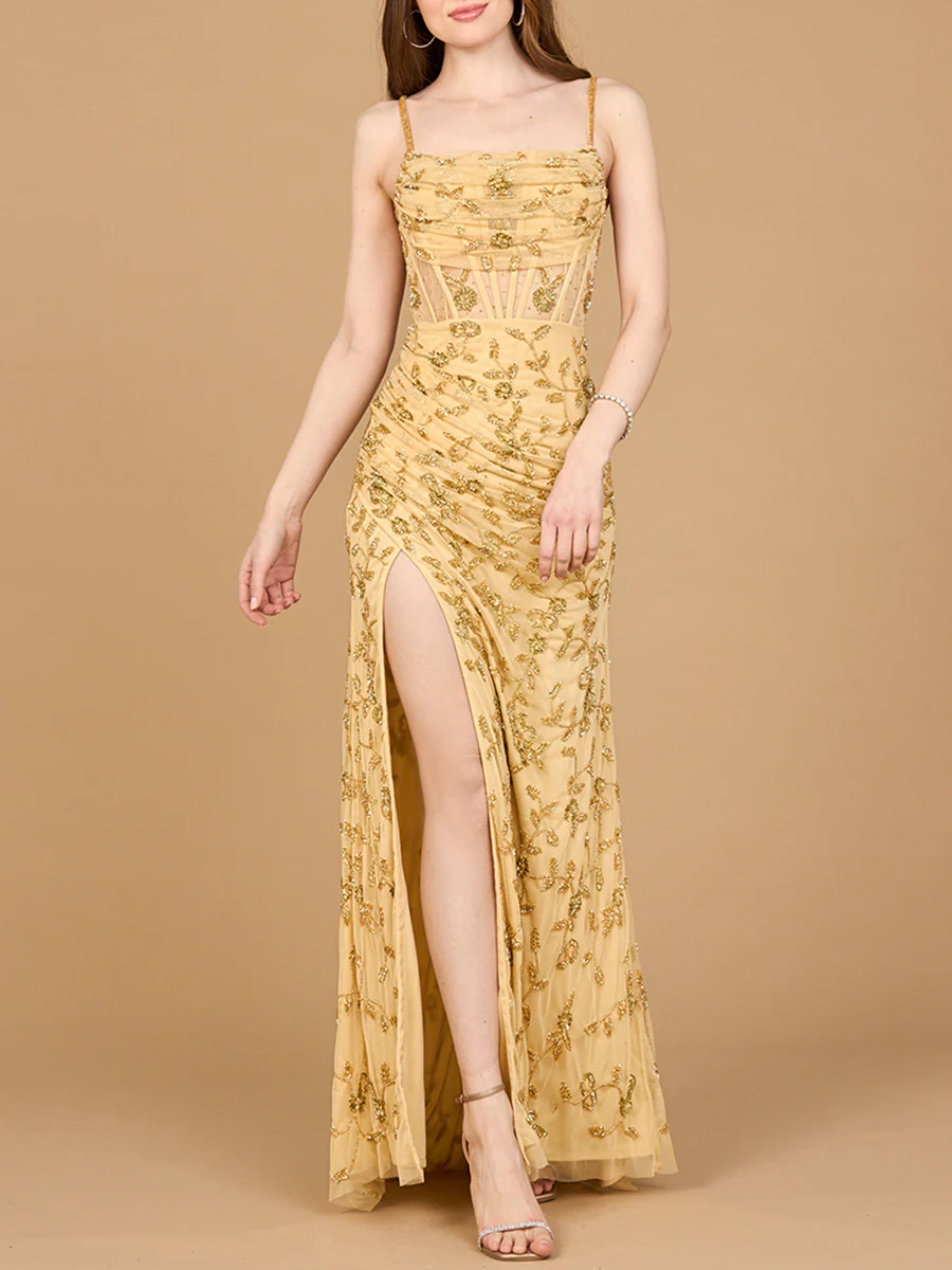 Beaded Corset Gown with Slit