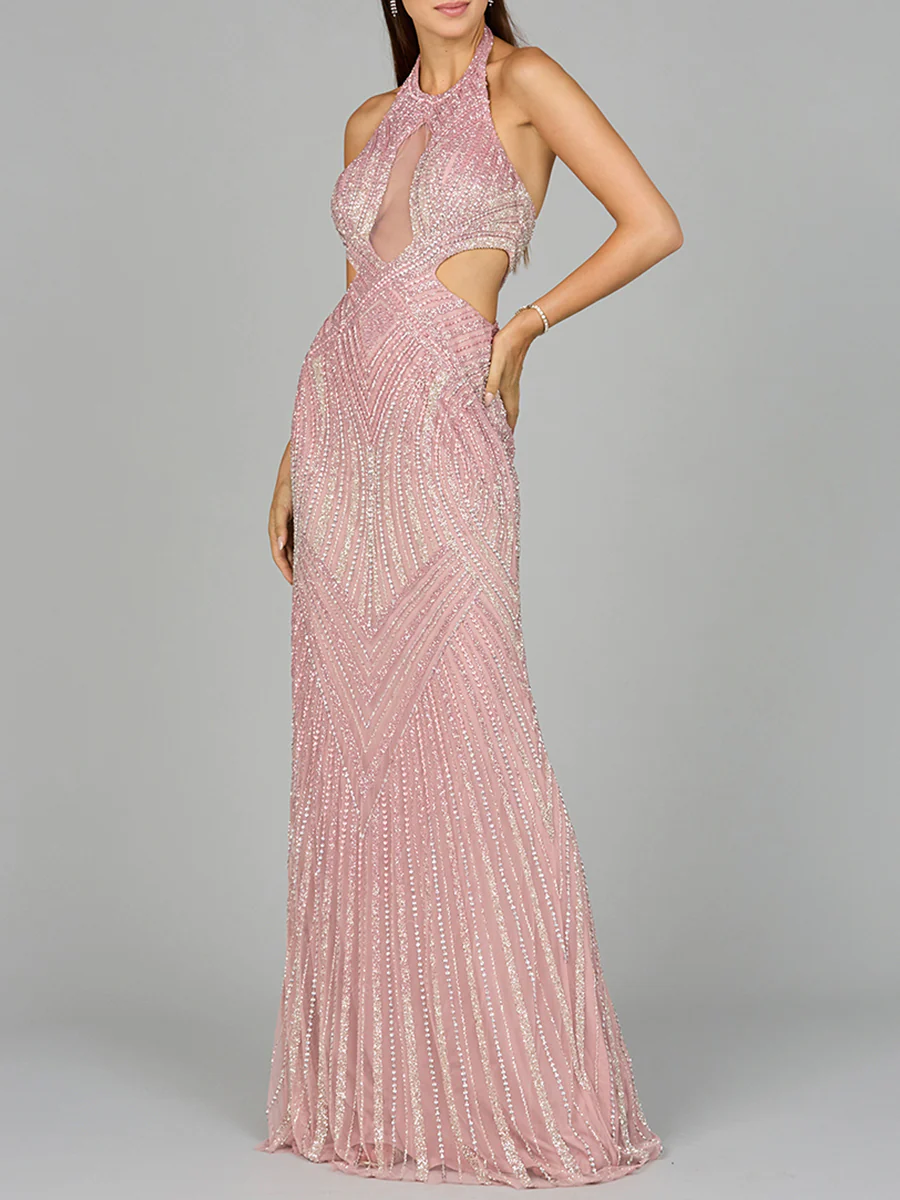 Halter Neck Beaded Dress with Cutouts