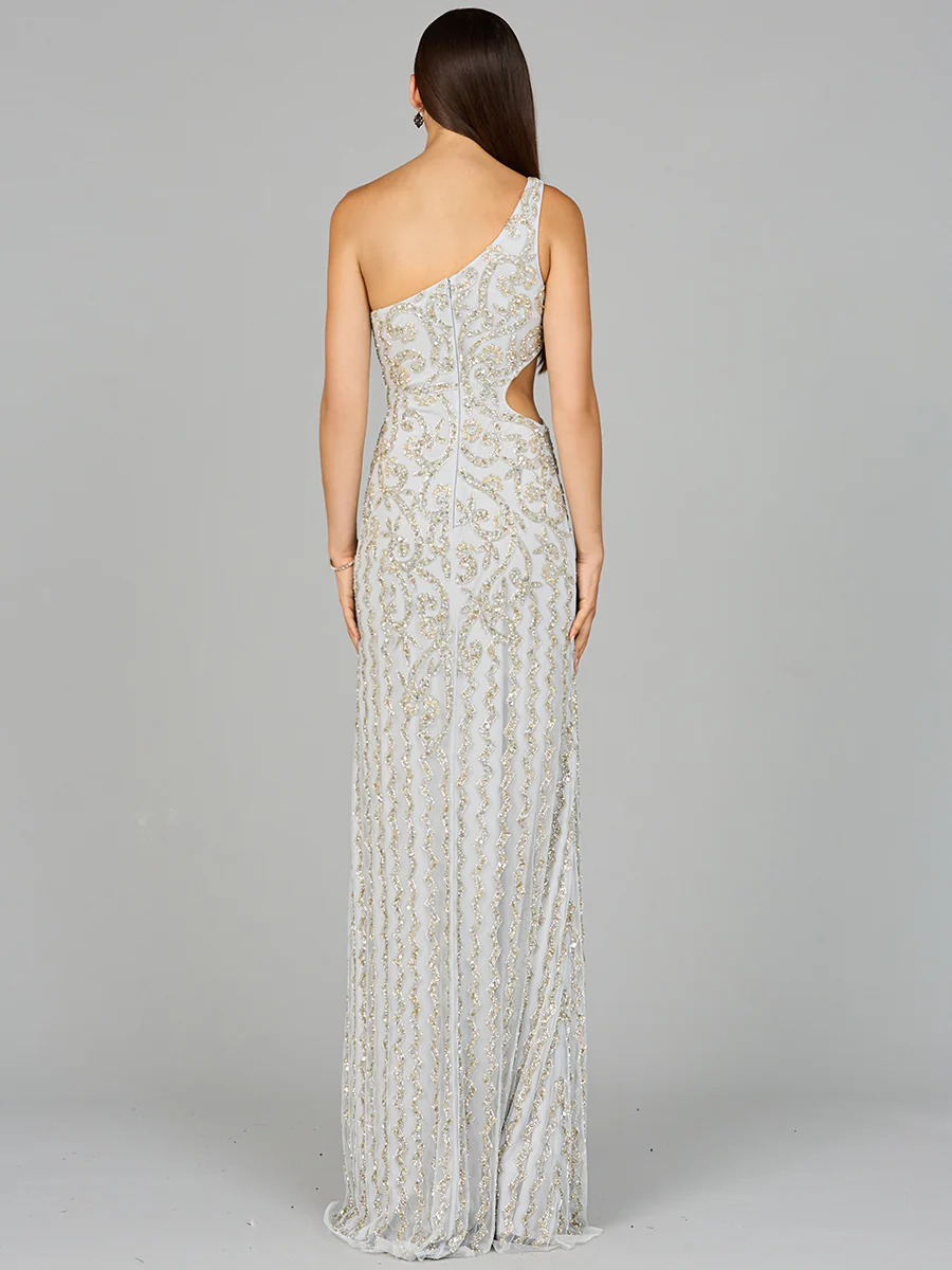 One-Shoulder Beaded Gown with Slit - Image 3