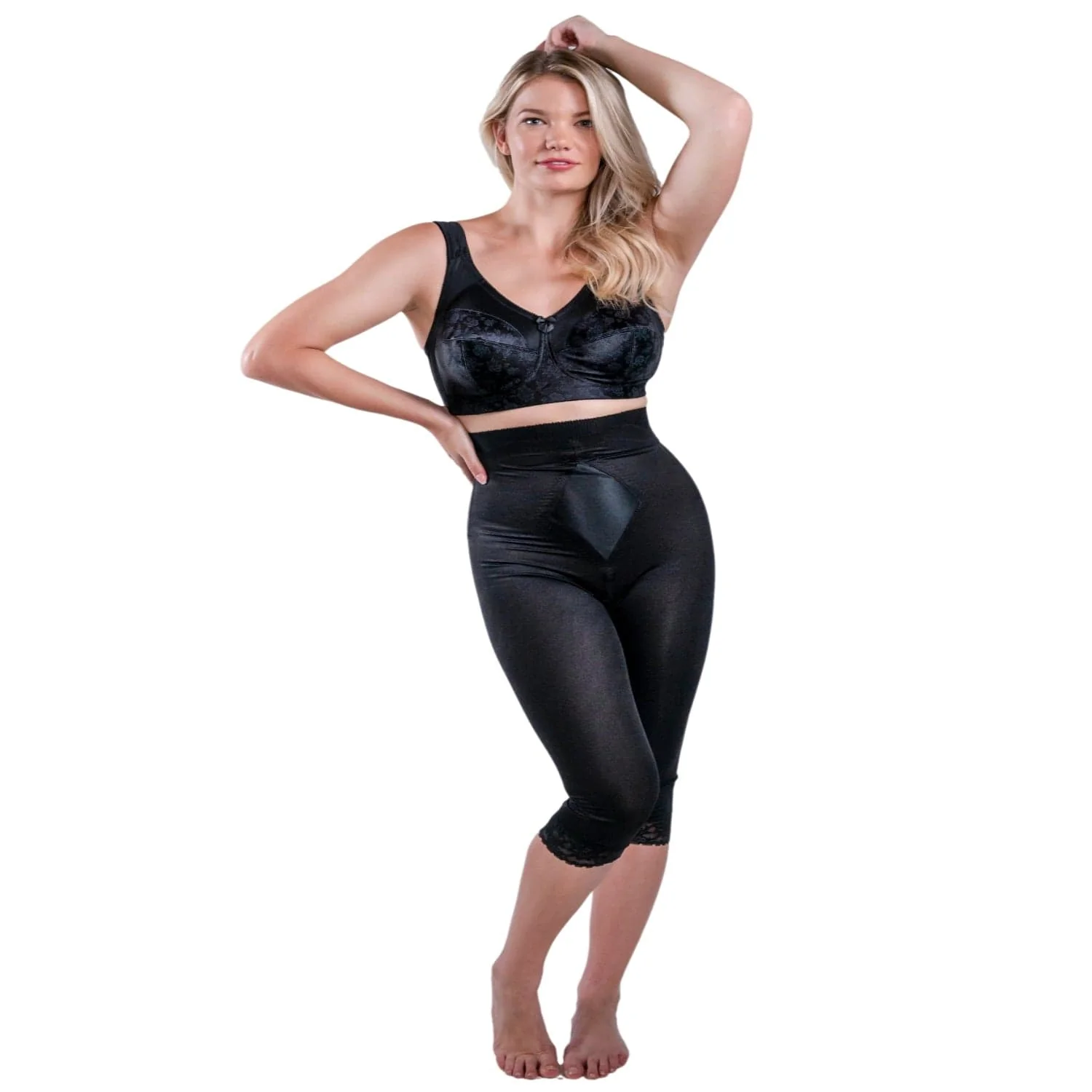 High Waist Capri Pant Liner with Tummy Control Satin Panel| Memory Compression Fabric | Medium Support | Style 6266
