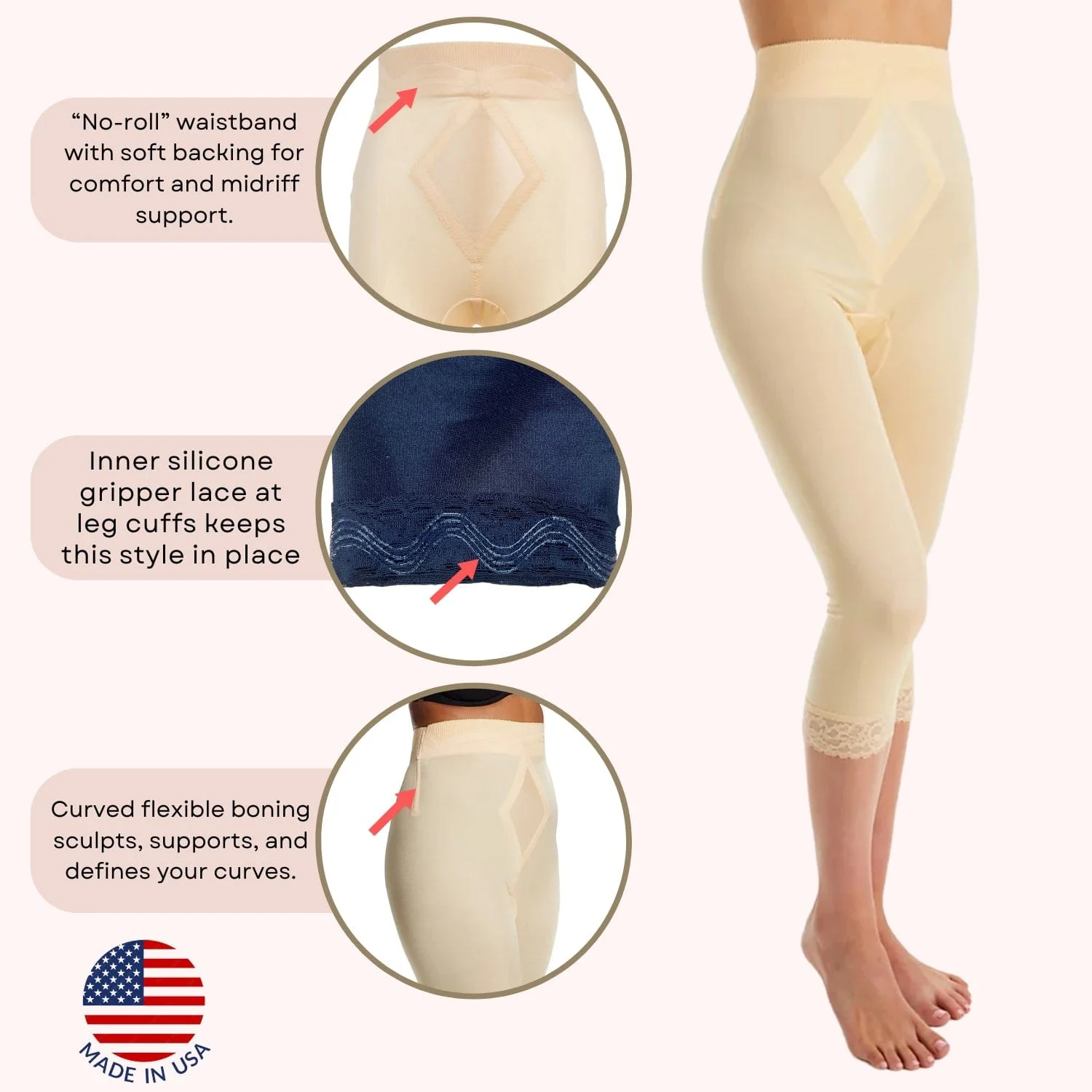 High Waist Capri Pant Liner with Tummy Control Satin Panel| Memory Compression Fabric | Medium Support | Style 6266 - Image 12