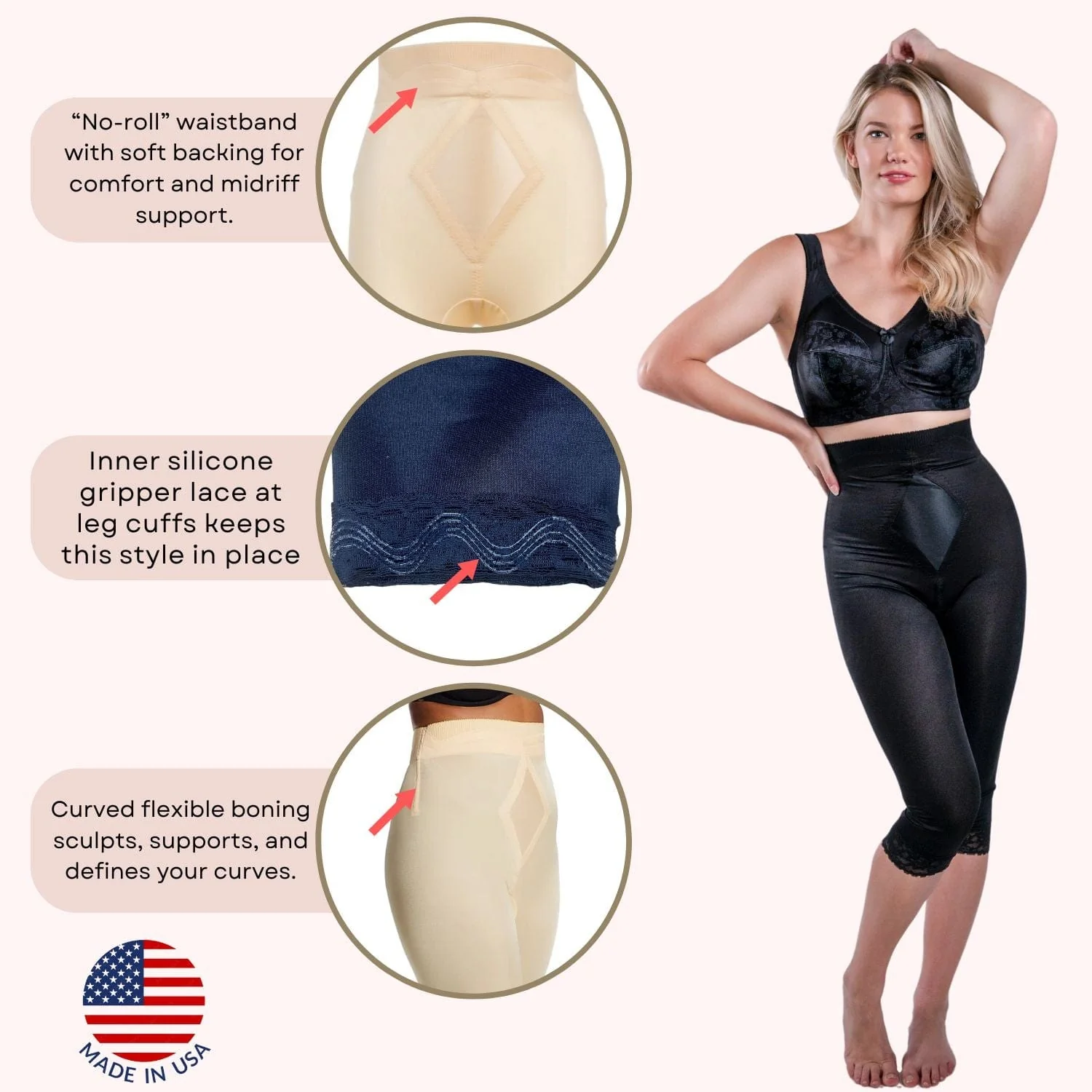 High Waist Capri Pant Liner with Tummy Control Satin Panel| Memory Compression Fabric | Medium Support | Style 6266 - Image 6
