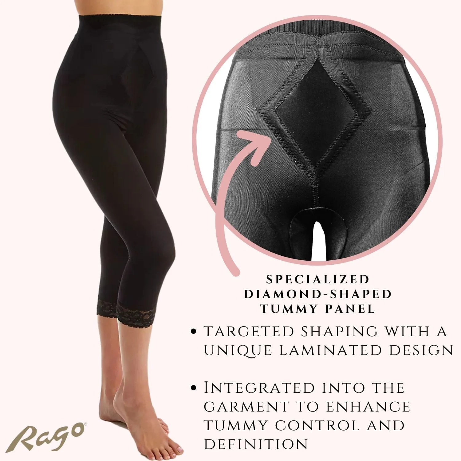 High Waist Capri Pant Liner with Tummy Control Satin Panel| Memory Compression Fabric | Medium Support | Style 6266 - Image 7